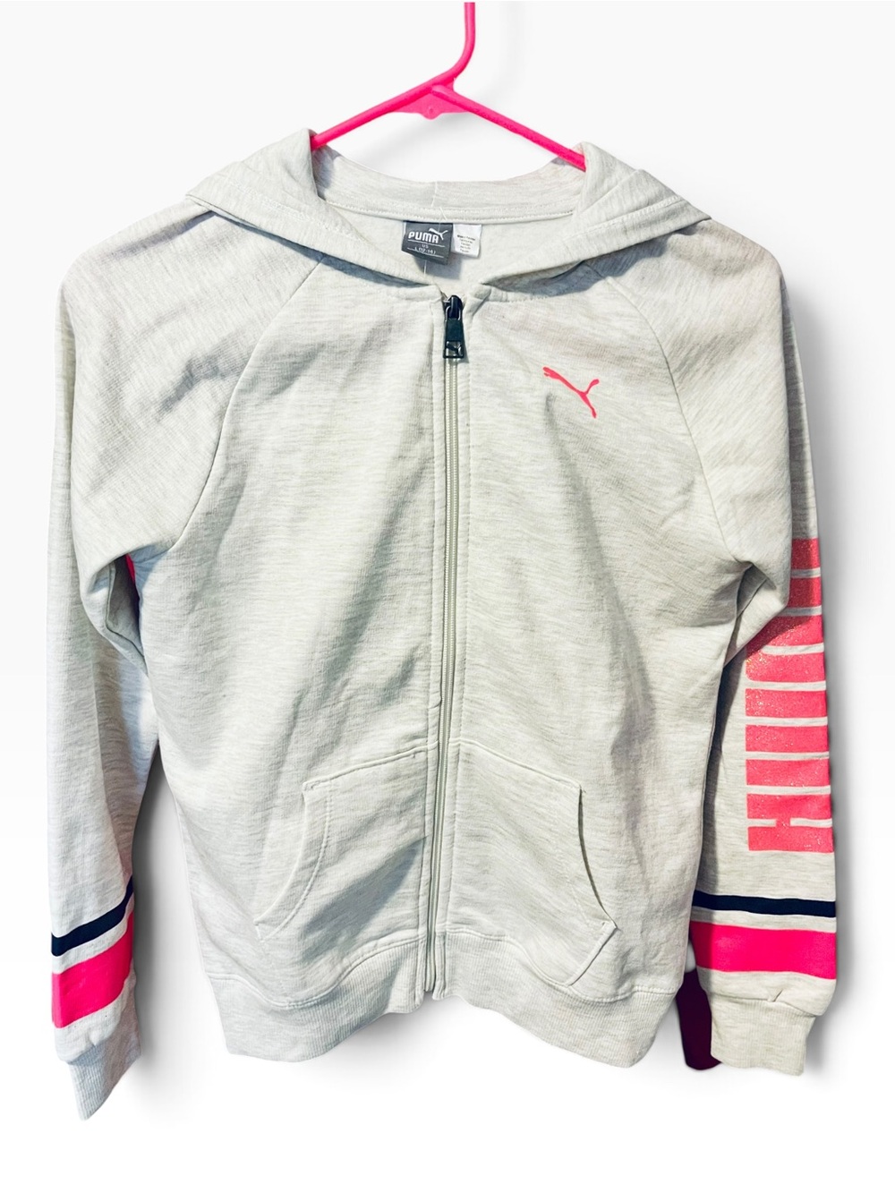 Puma Girls Light Gray Hot Pink Glitter Logo Full Zip Hoodie Sweatshirt L 12/14